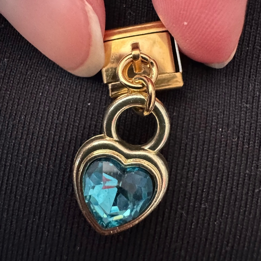 Gold Heart Dangle Charm with Blue Gem – Italian Charm Bracelet Link